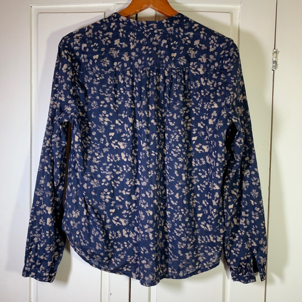 Gap Navy Blue Tan Abstract Print Shirred Popover Cotton Blouse Medium Church - Picture 9 of 10